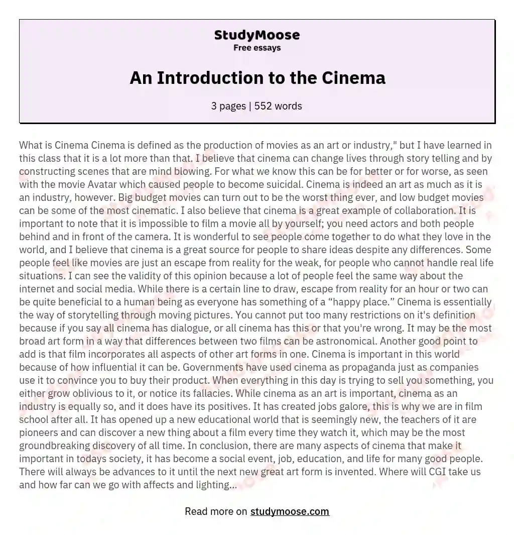 An Introduction to the Cinema essay