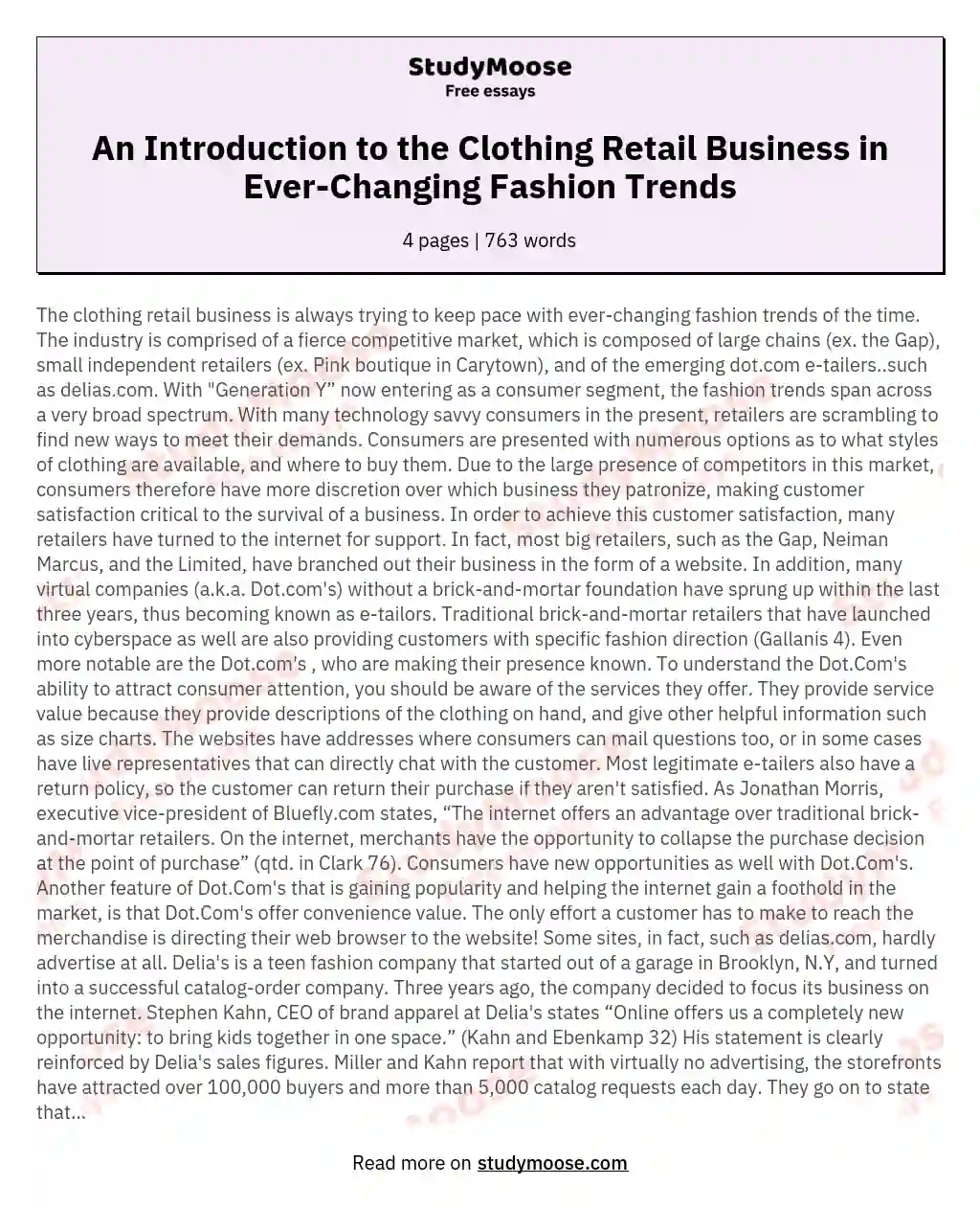 An Introduction to the Clothing Retail Business in Ever-Changing Fashion Trends essay