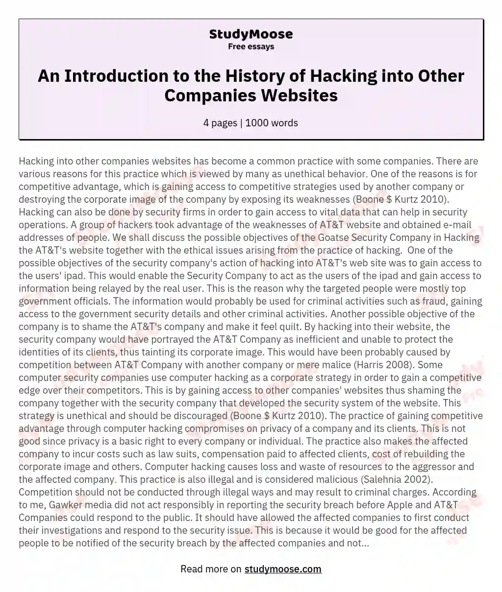 An Introduction to the History of Hacking into Other Companies Websites essay