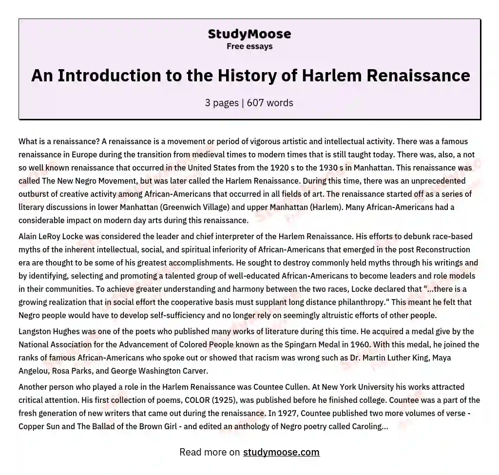 The Harlem Renaissance: A Cultural Awakening in 20th Century America essay