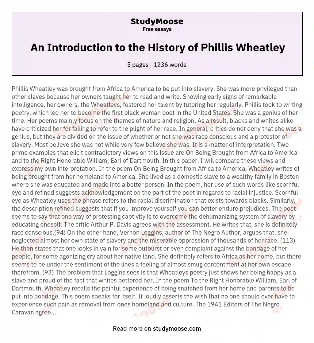 An Introduction to the History of Phillis Wheatley essay
