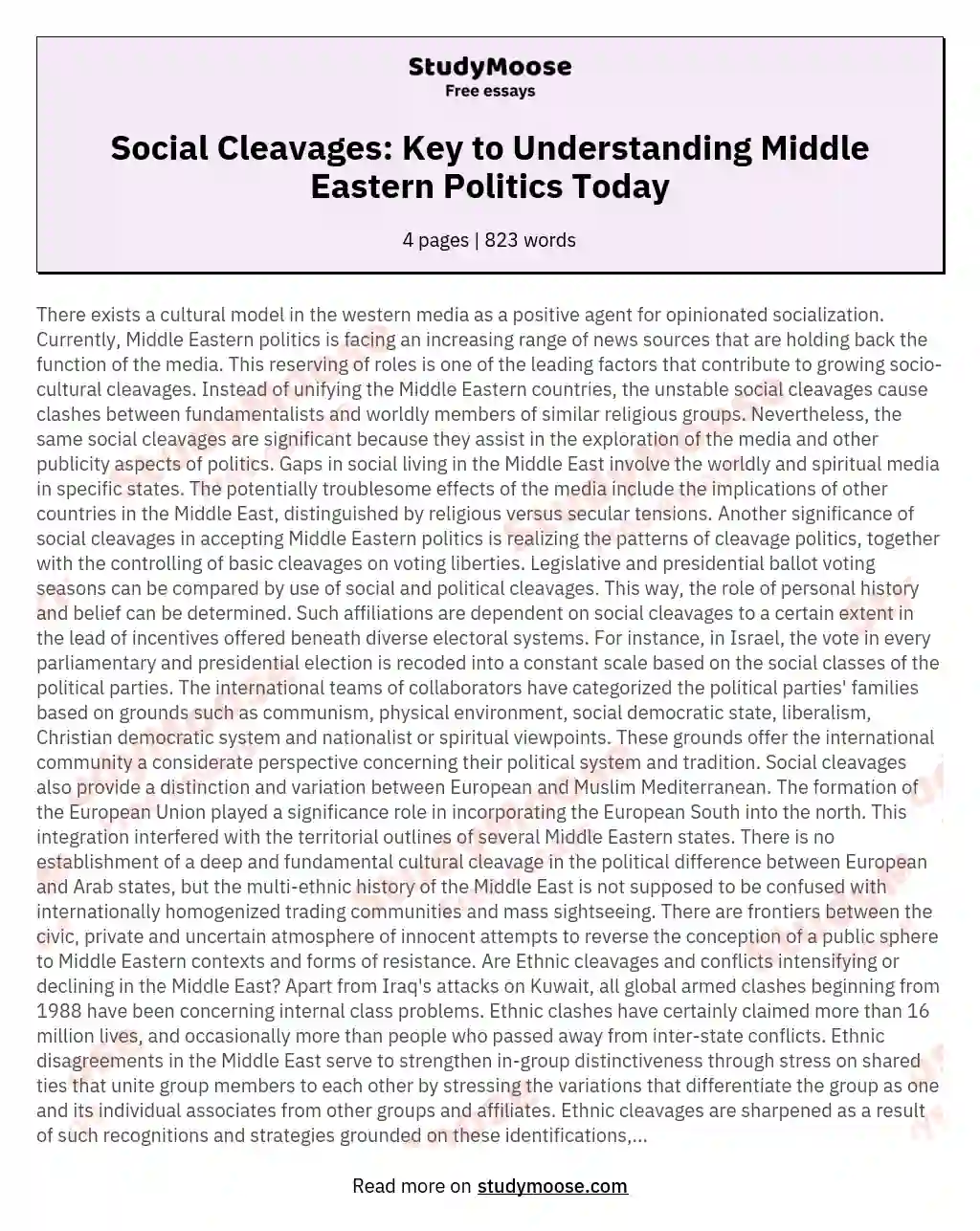 Social Cleavages: Key to Understanding Middle Eastern Politics Today essay