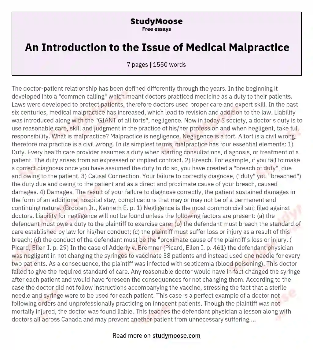 An Introduction to the Issue of Medical Malpractice essay