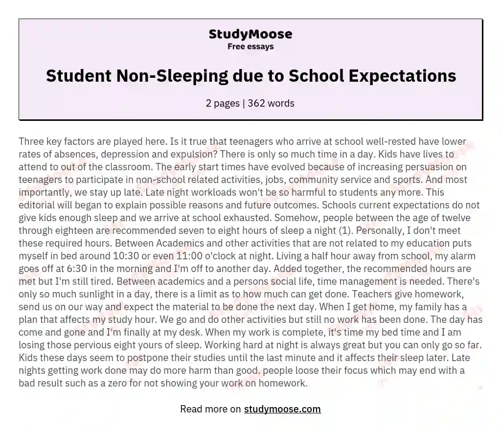 Student Non-Sleeping due to School Expectations essay