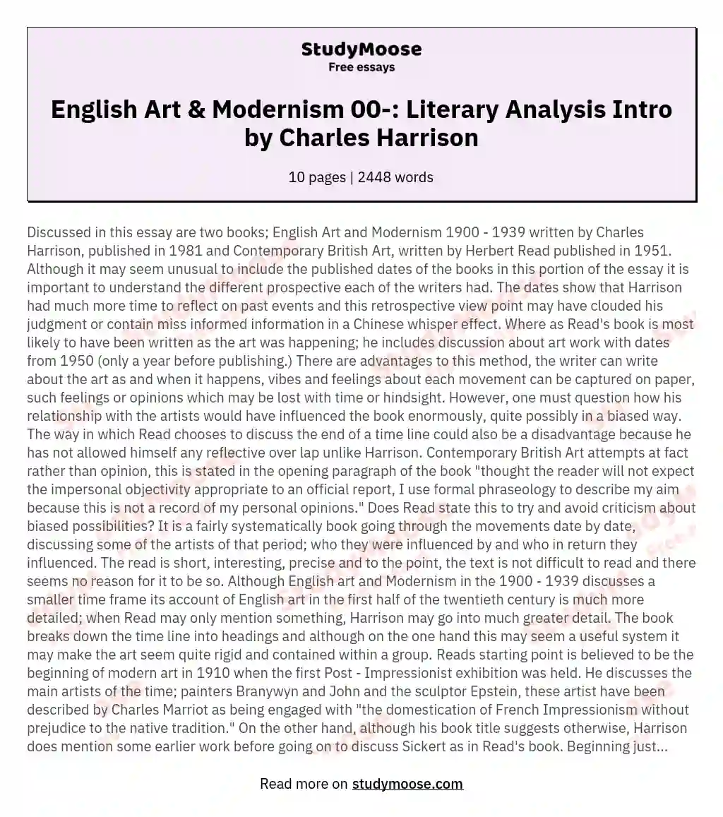 English Art & Modernism 00-: Literary Analysis Intro by Charles Harrison essay
