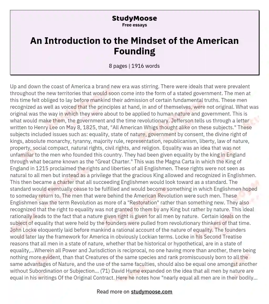 An Introduction to the Mindset of the American Founding essay
