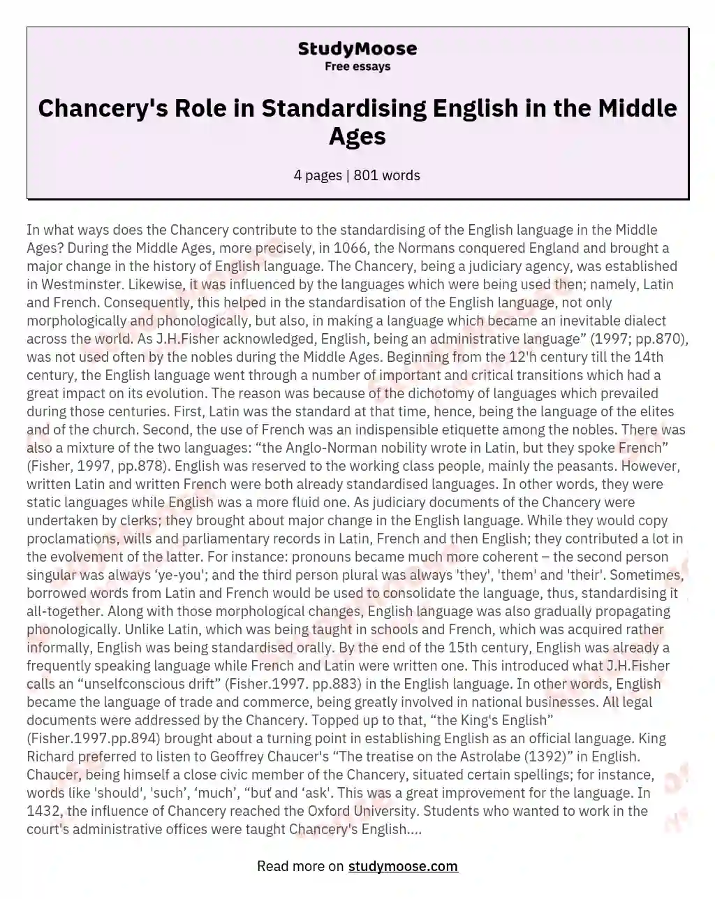 Chancery's Role in Standardising English in the Middle Ages essay