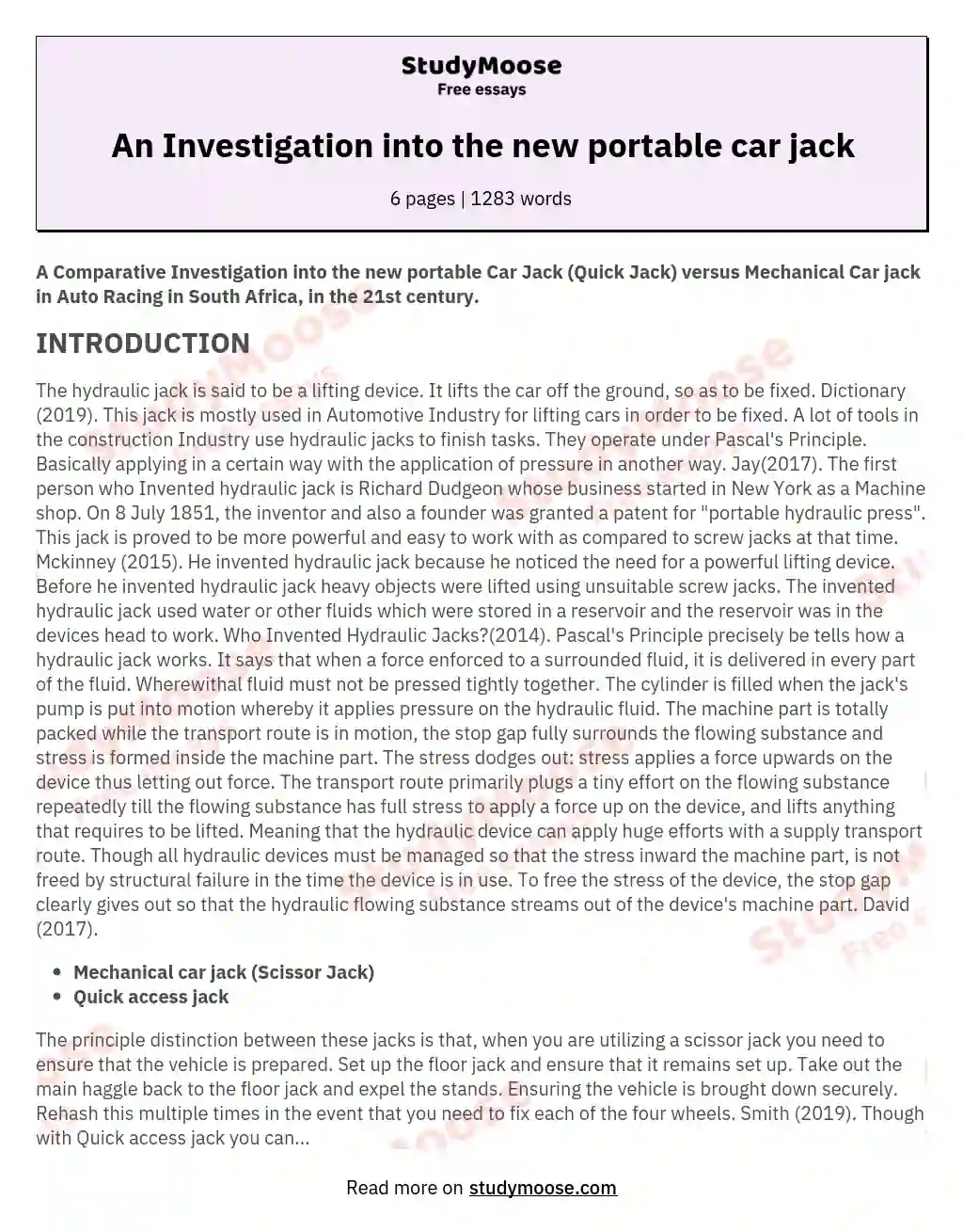 An Investigation into the new portable car jack essay