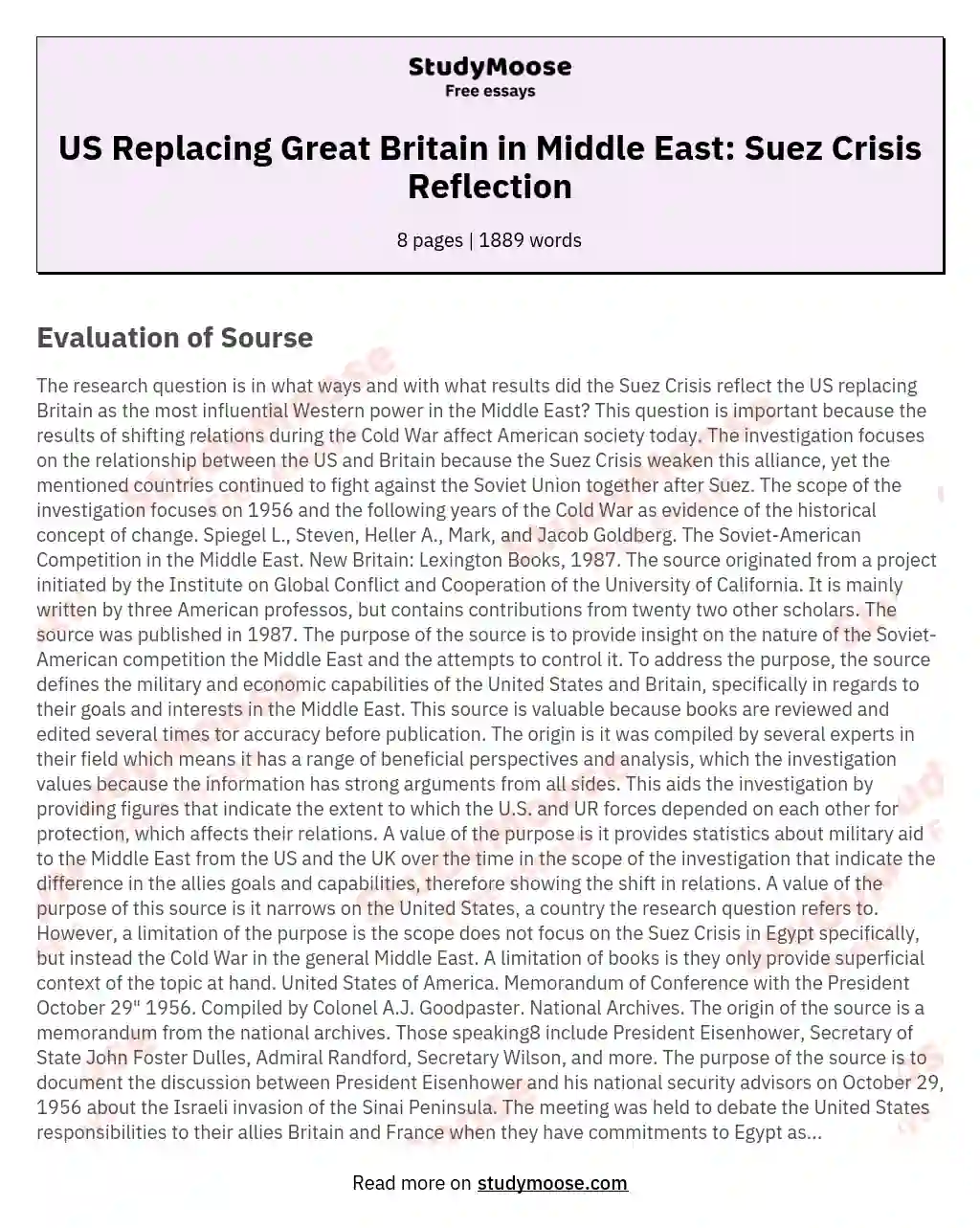 US Replacing Great Britain in Middle East: Suez Crisis Reflection essay