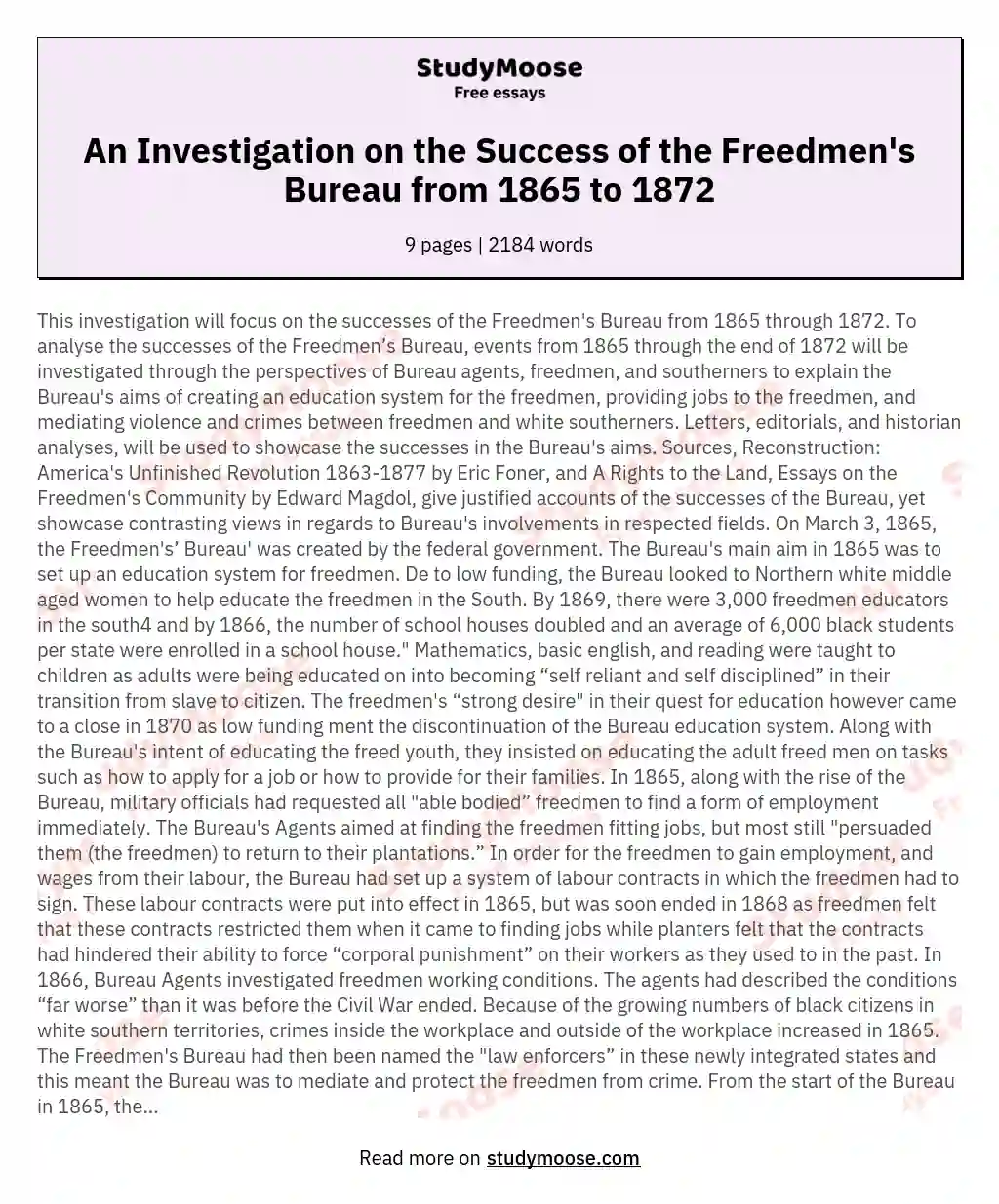 An Investigation on the Success of the Freedmen's Bureau from 1865 to 1872 essay