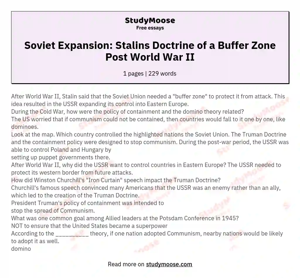 Soviet Expansion: Stalins Doctrine of a Buffer Zone Post World War II essay