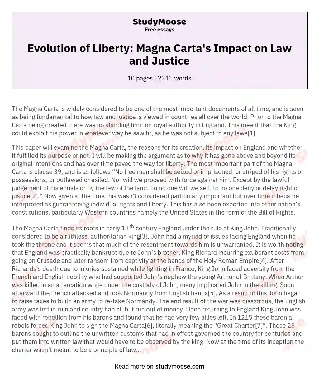 Evolution of Liberty: Magna Carta's Impact on Law and Justice essay