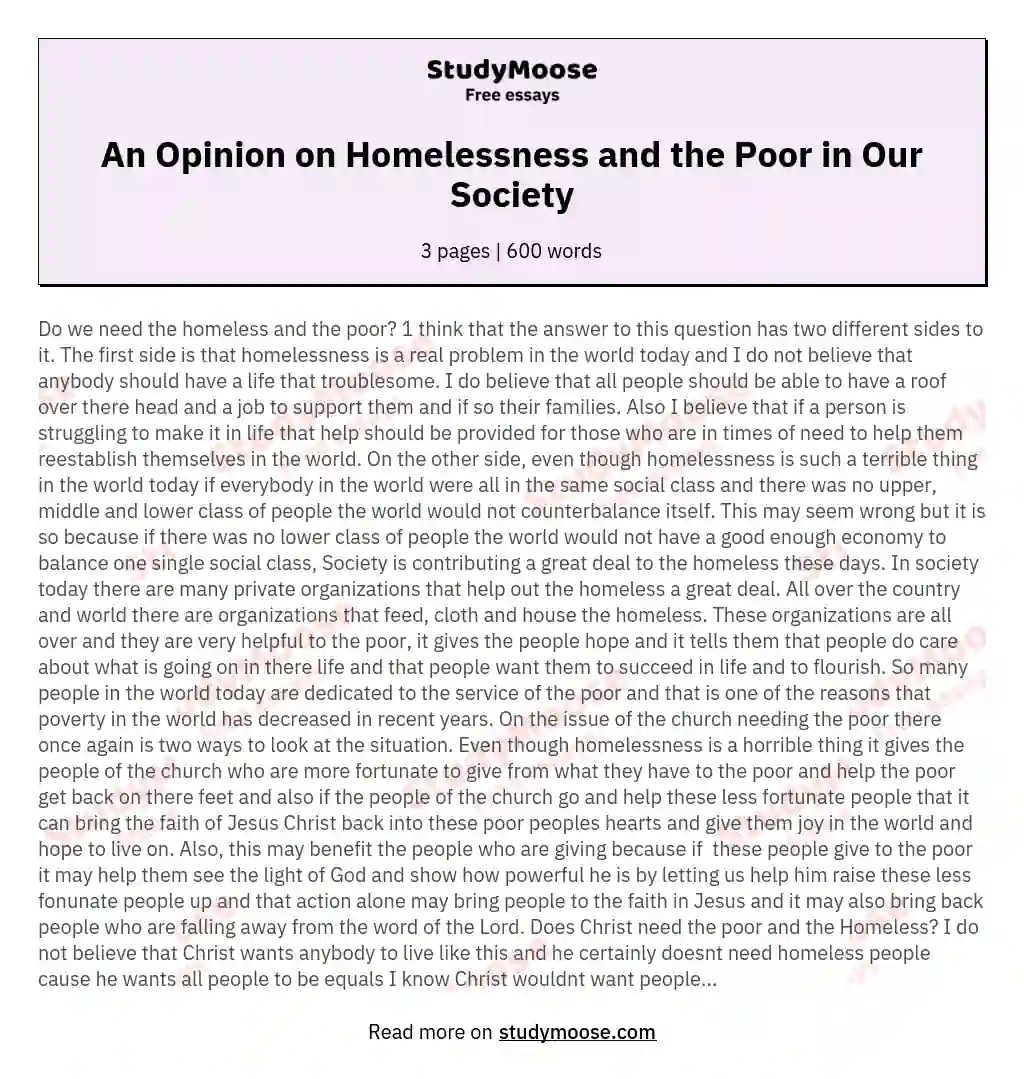 An Opinion on Homelessness and the Poor in Our Society essay