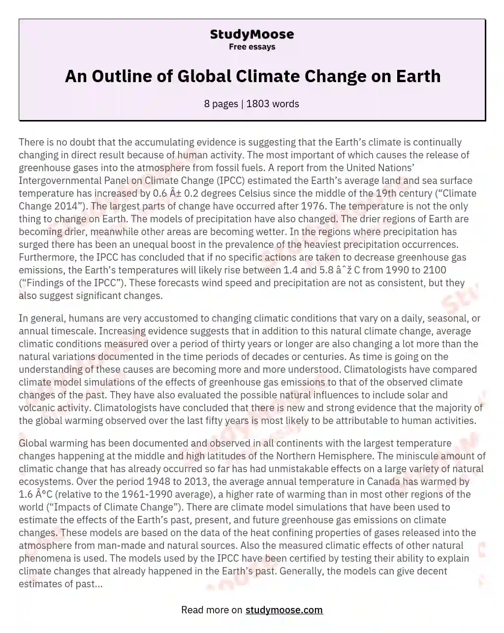 An Outline of Global Climate Change on Earth