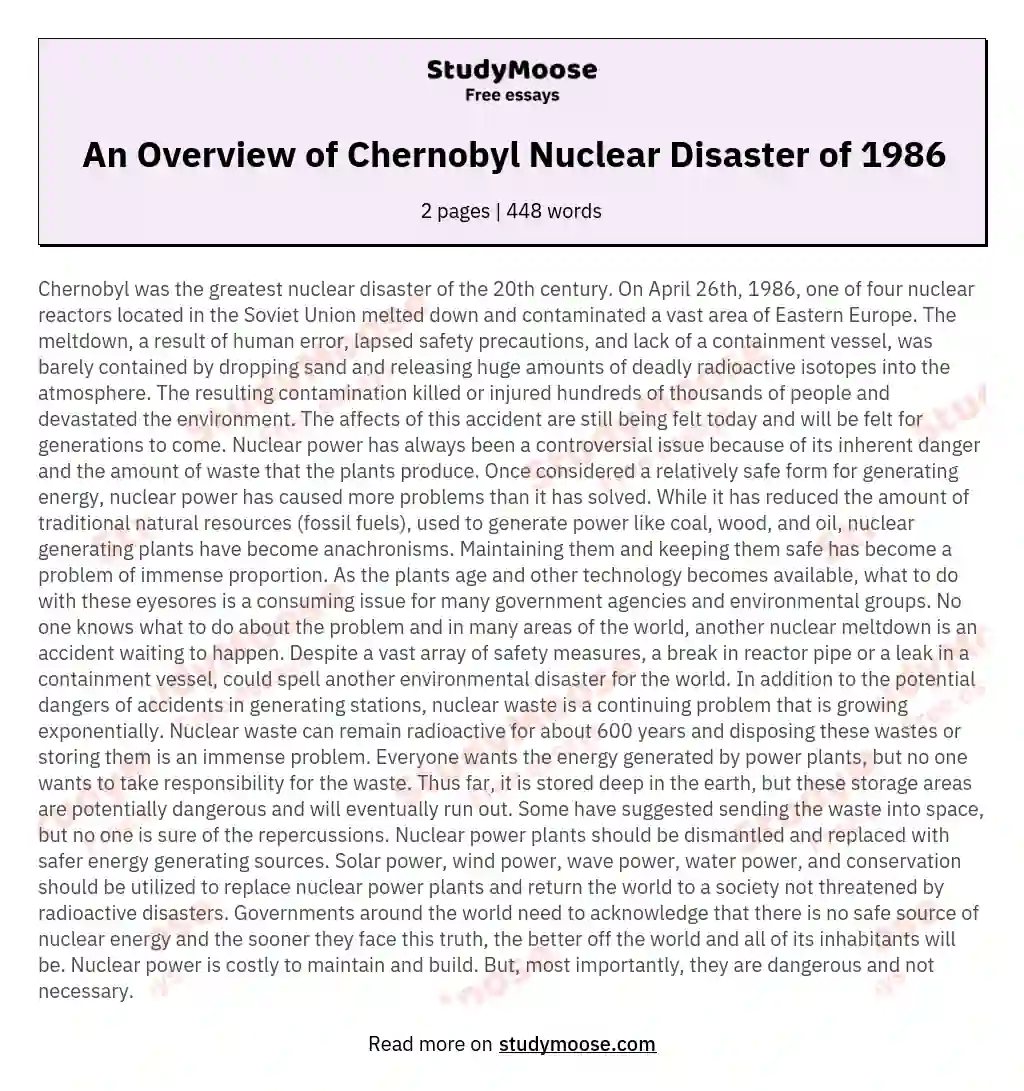 An Overview of Chernobyl Nuclear Disaster of 1986 essay