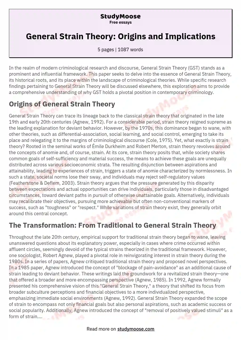 General Strain Theory: Origins and Implications essay