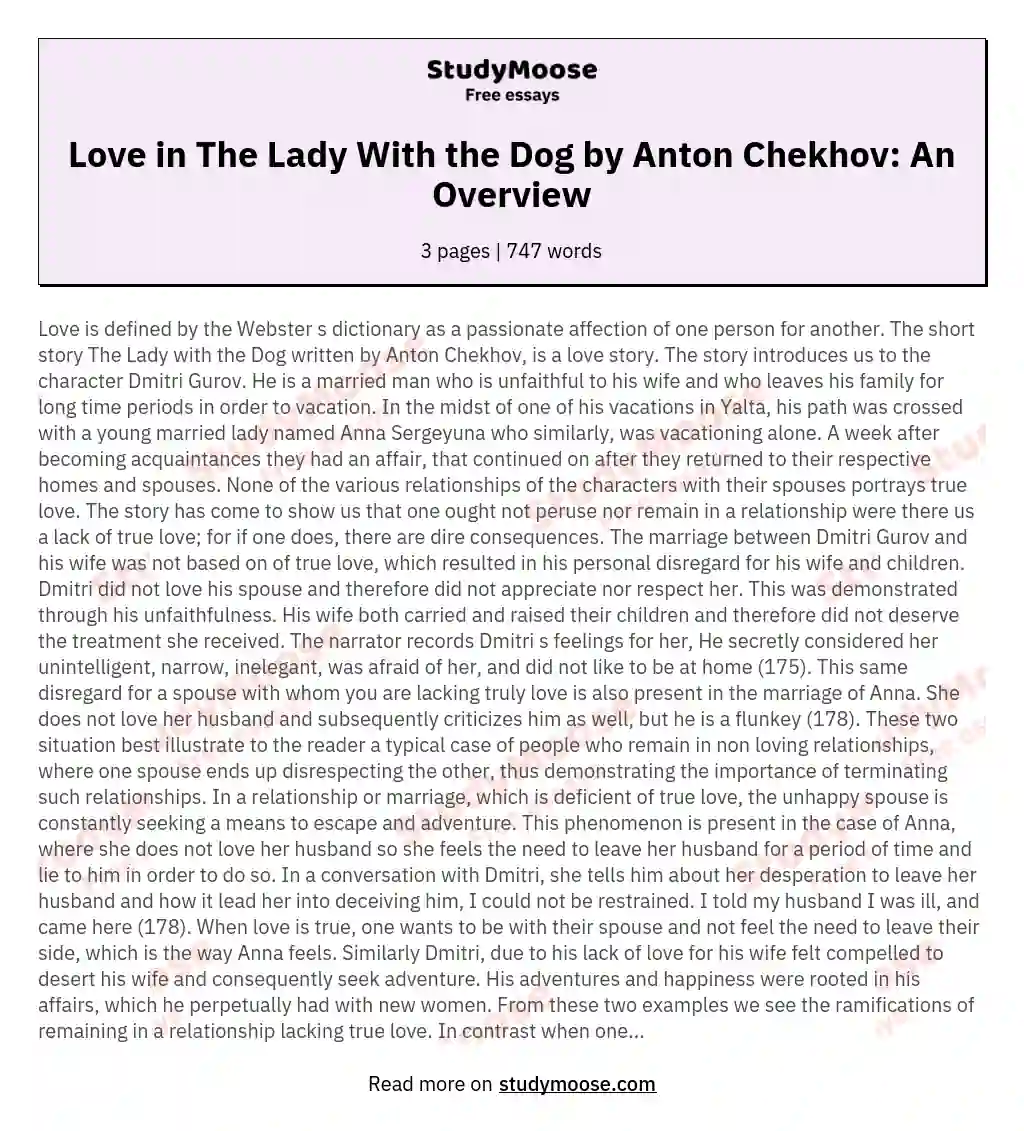 Love in The Lady With the Dog by Anton Chekhov: An Overview essay