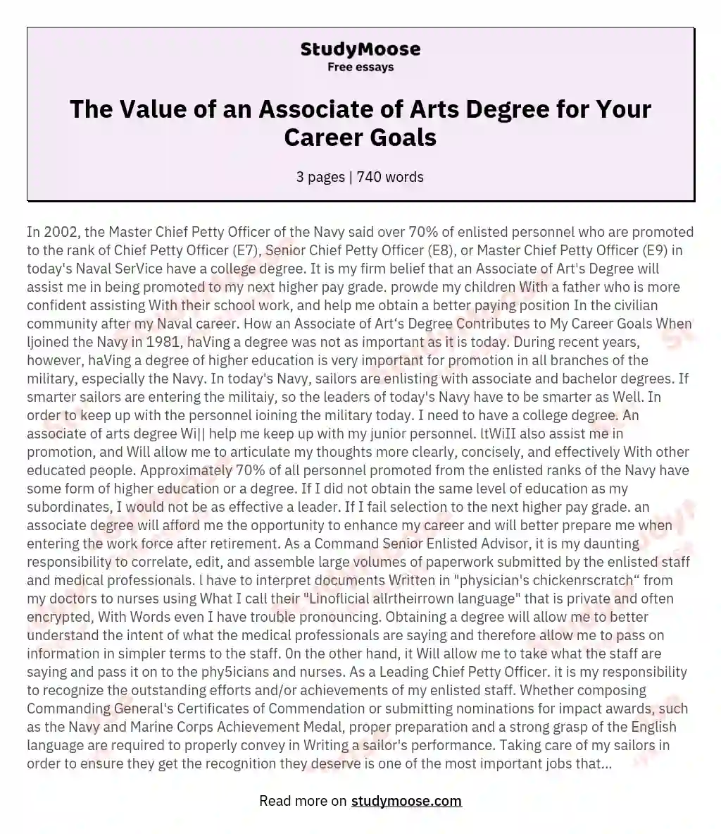 The Value of an Associate of Arts Degree for Your Career Goals essay