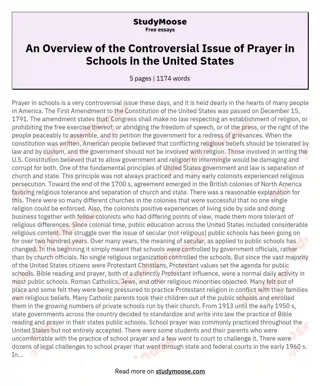An Overview of the Controversial Issue of Prayer in Schools in the United States essay