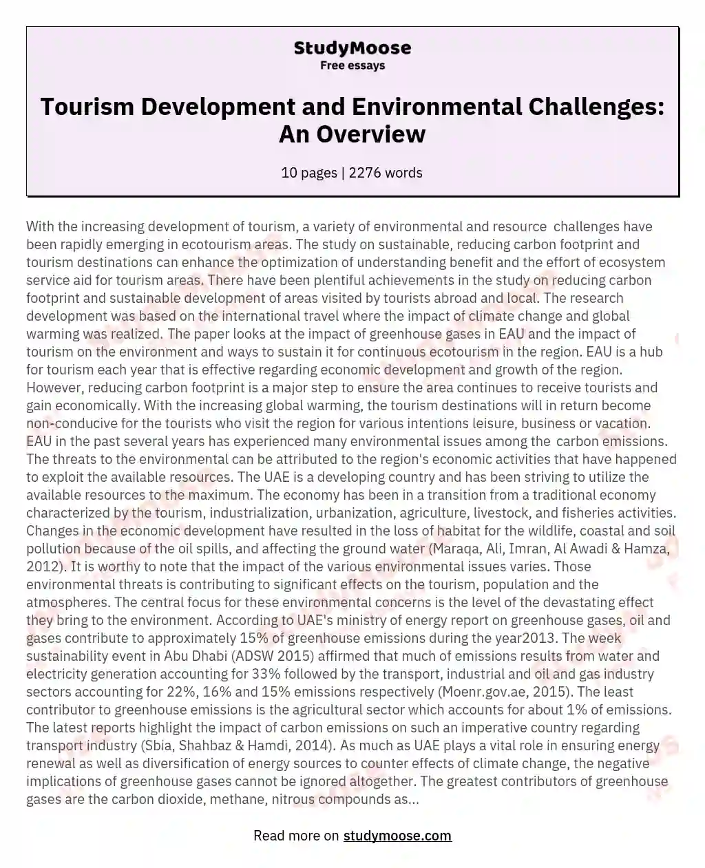 Tourism Development and Environmental Challenges: An Overview essay