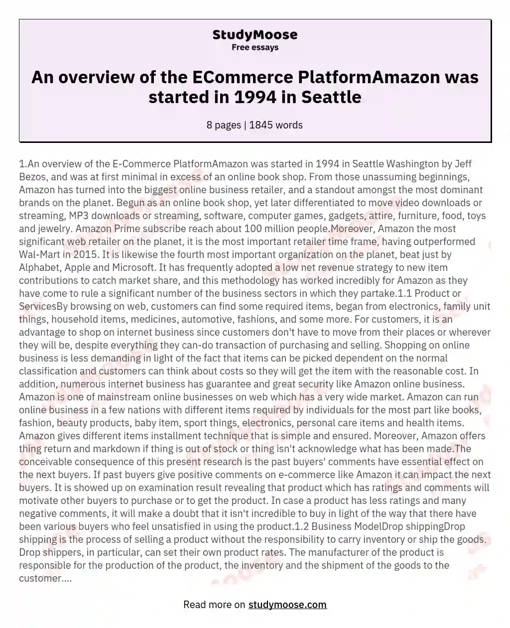 An overview of the ECommerce PlatformAmazon was started in 1994 in Seattle