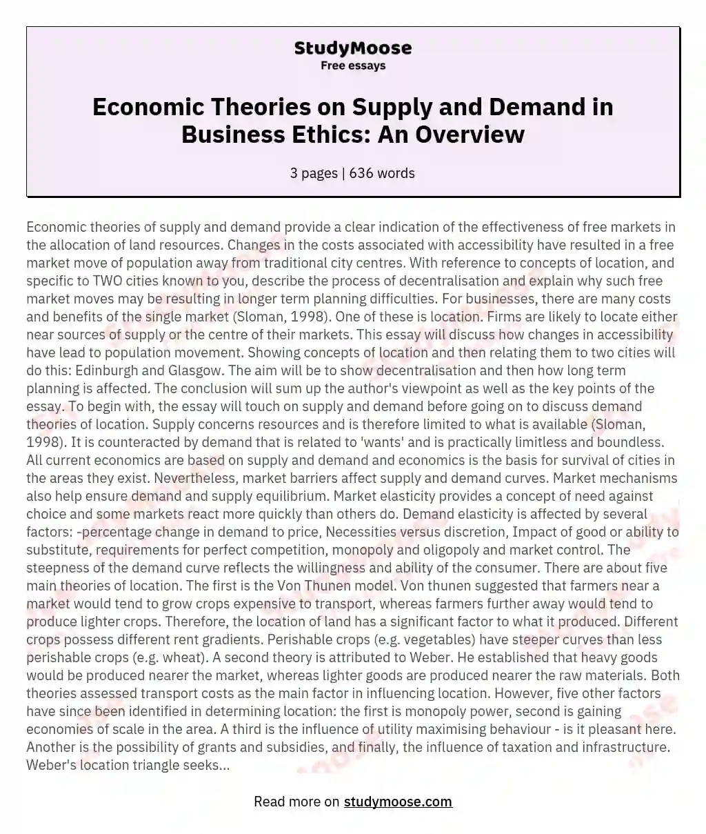 Economic Theories on Supply and Demand in Business Ethics: An Overview essay