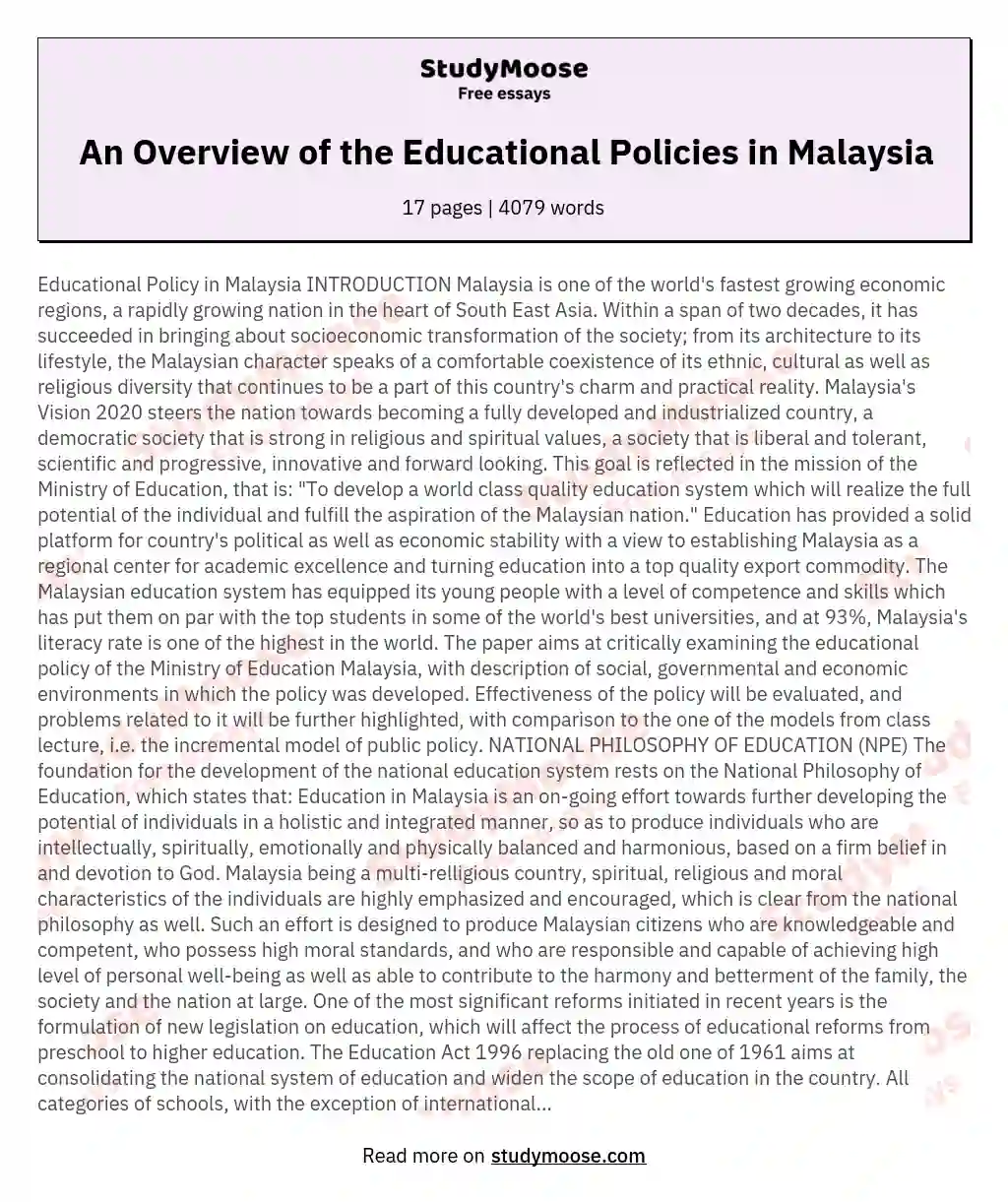 An Overview of the Educational Policies in Malaysia essay