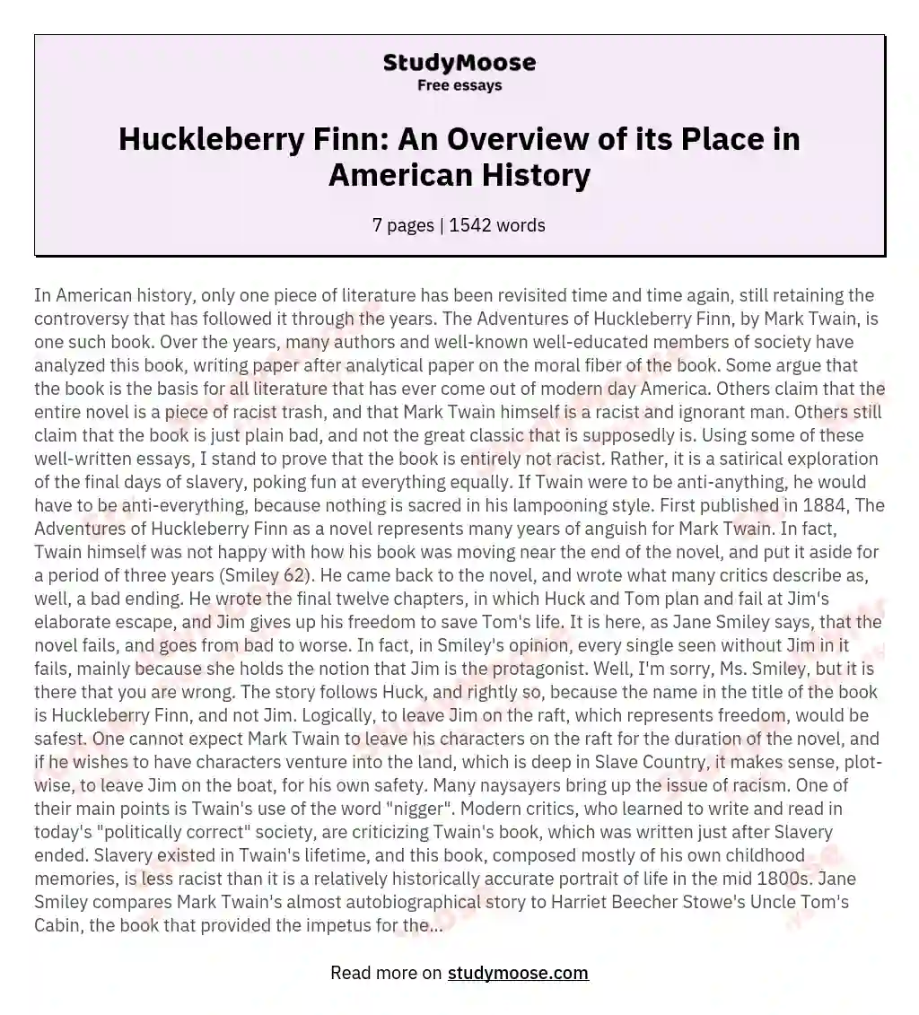 An Overview of the Essay on The Adventures of Huckleberry Finn in the American History
