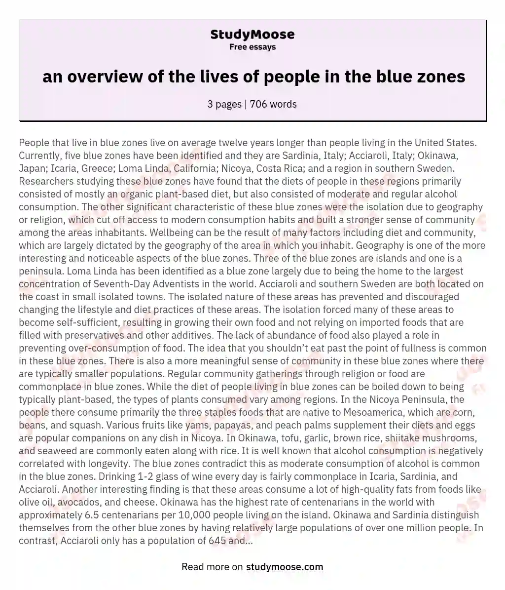 an overview of the lives of people in the blue zones essay