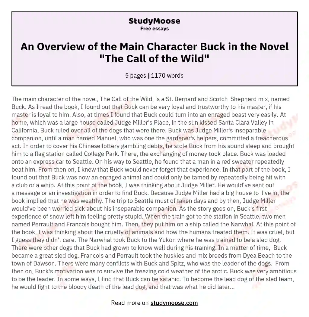 An Overview of the Main Character Buck in the Novel "The Call of the Wild" essay