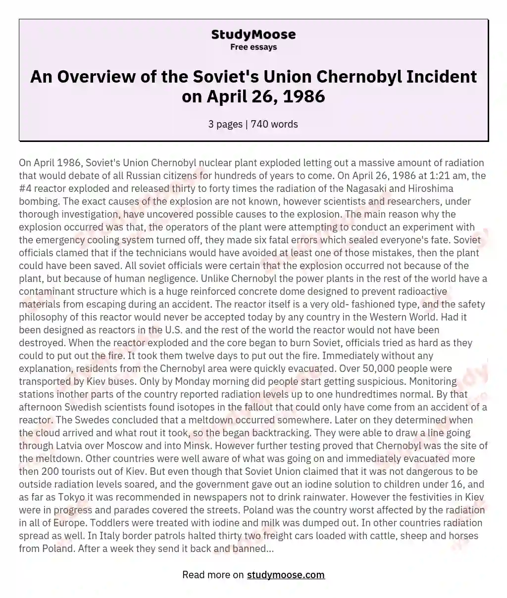 An Overview of the Soviet's Union Chernobyl Incident on April 26, 1986 essay