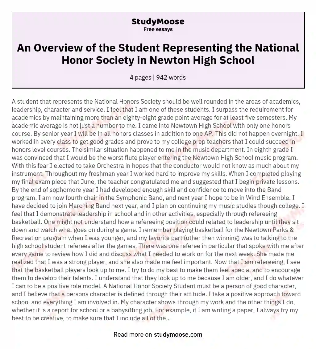 An Overview of the Student Representing the National Honor Society in Newton High School essay