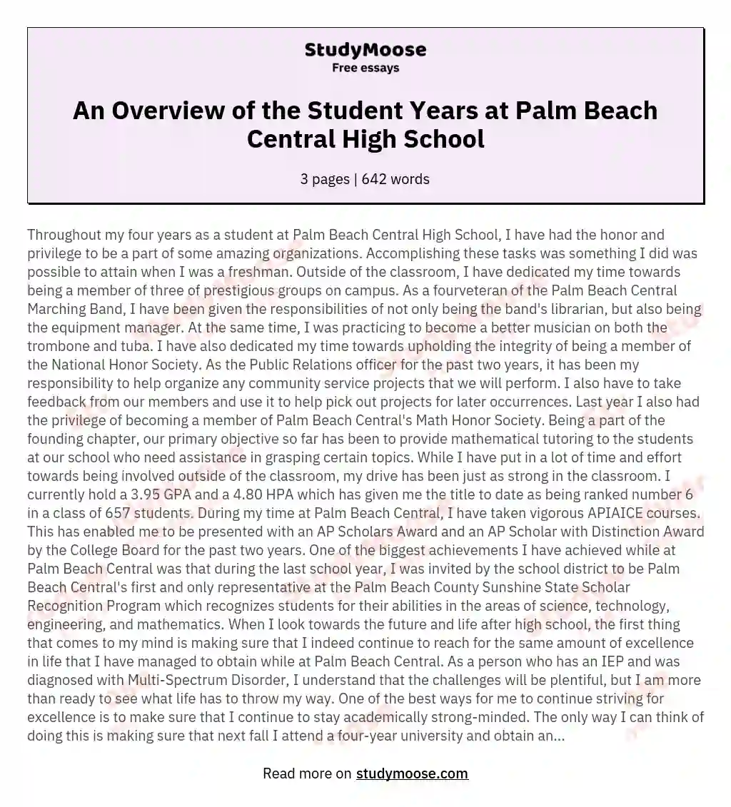 An Overview of the Student Years at Palm Beach Central High School essay