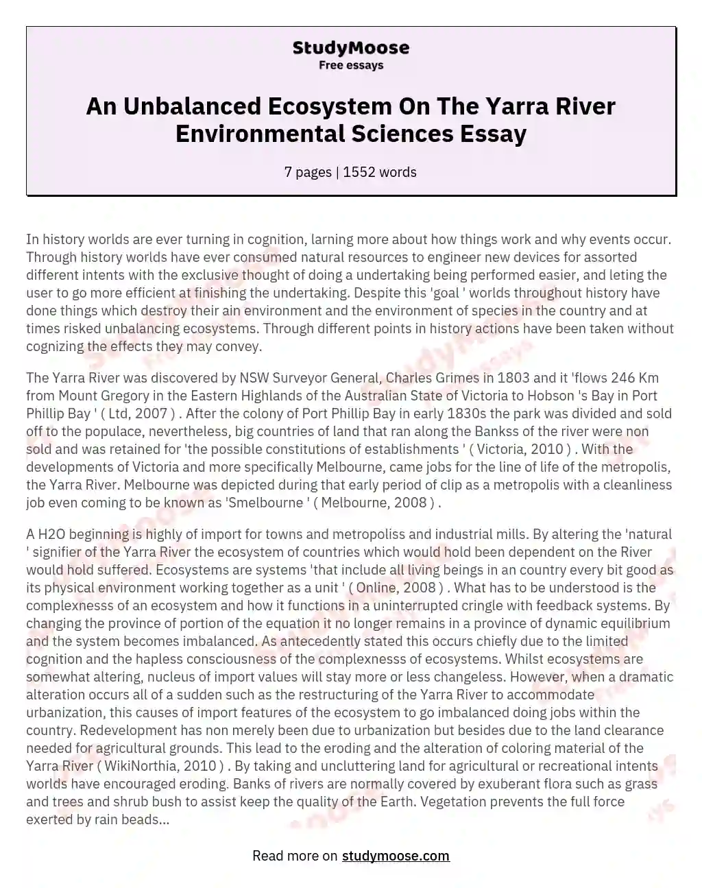 An Unbalanced Ecosystem On The Yarra River Environmental Sciences Essay