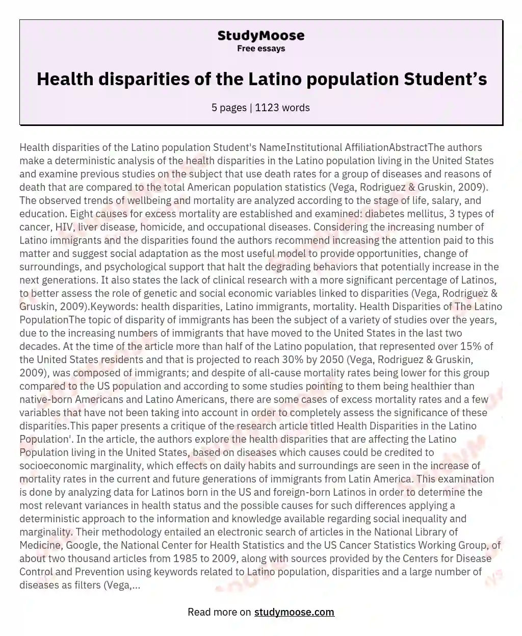 Health disparities of the Latino population Student’s essay