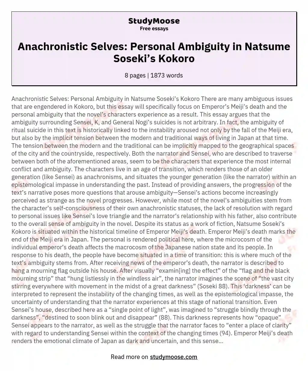 Anachronistic Selves: Personal Ambiguity in Natsume Soseki’s Kokoro essay