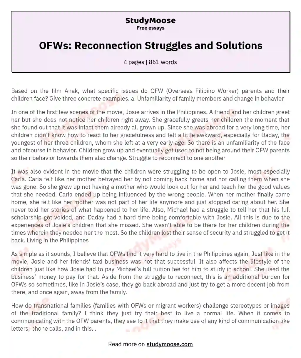 OFWs: Reconnection Struggles and Solutions essay