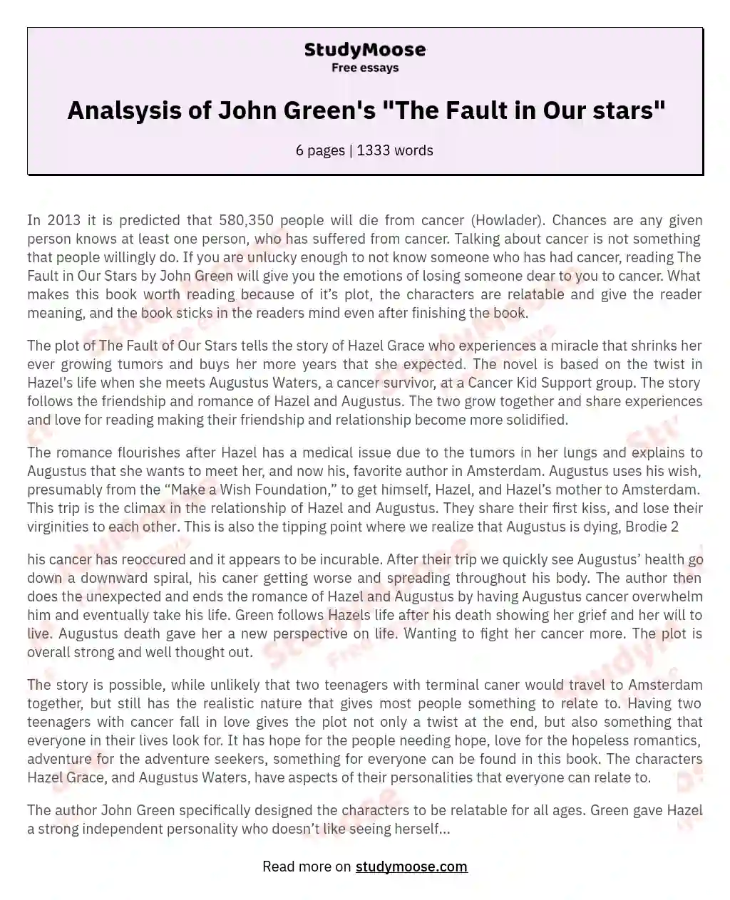 Analsysis of John Green's "The Fault in Our stars" essay