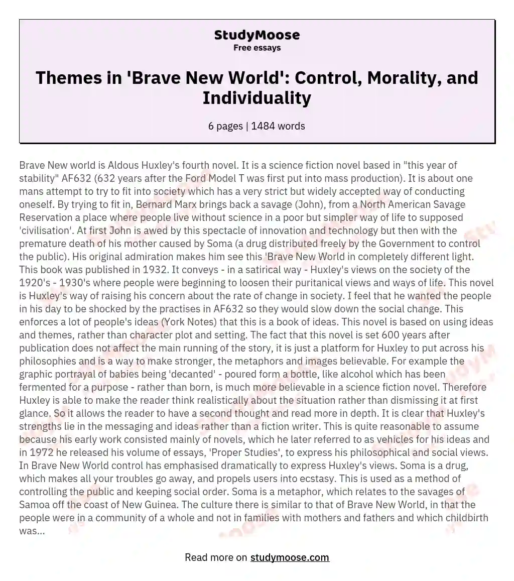 Themes in 'Brave New World': Control, Morality, and Individuality