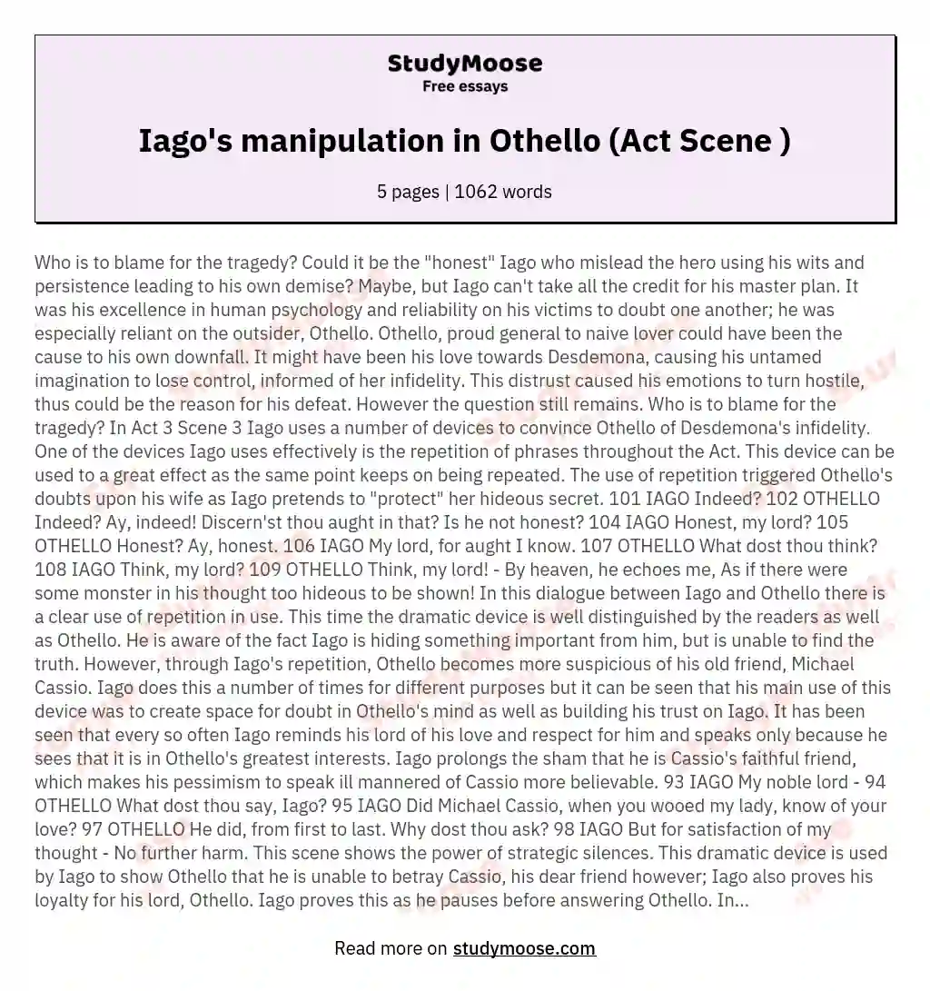 Iago's manipulation in Othello (Act  Scene ) essay