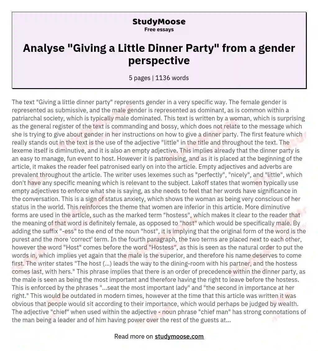 Analyse "Giving a Little Dinner Party" from a gender perspective