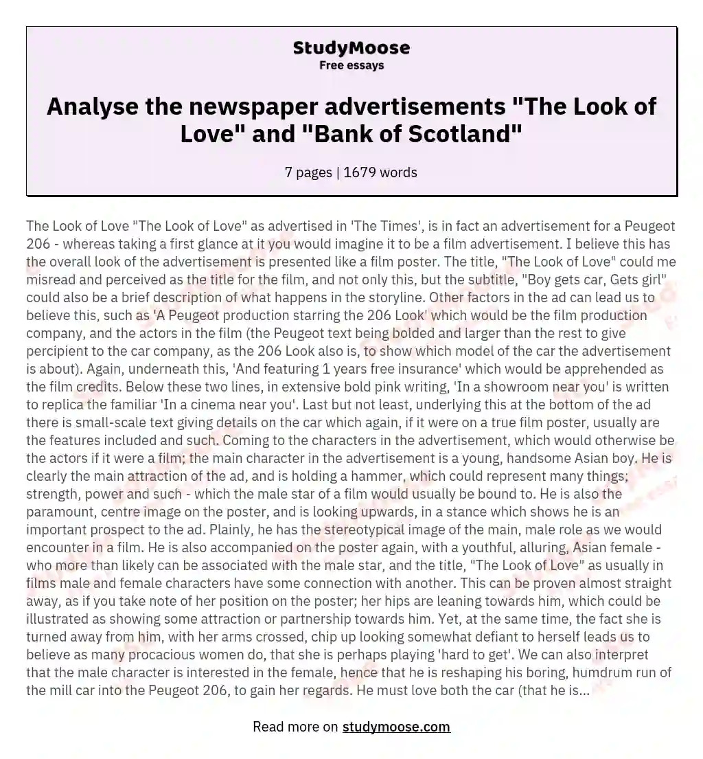 Analyse the newspaper advertisements "The Look of Love" and "Bank of Scotland" essay