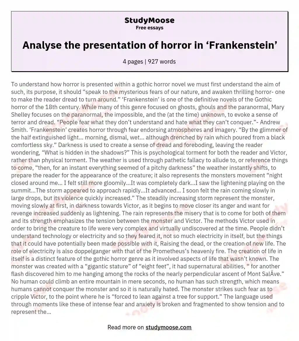 Analyse the presentation of horror in ‘Frankenstein’