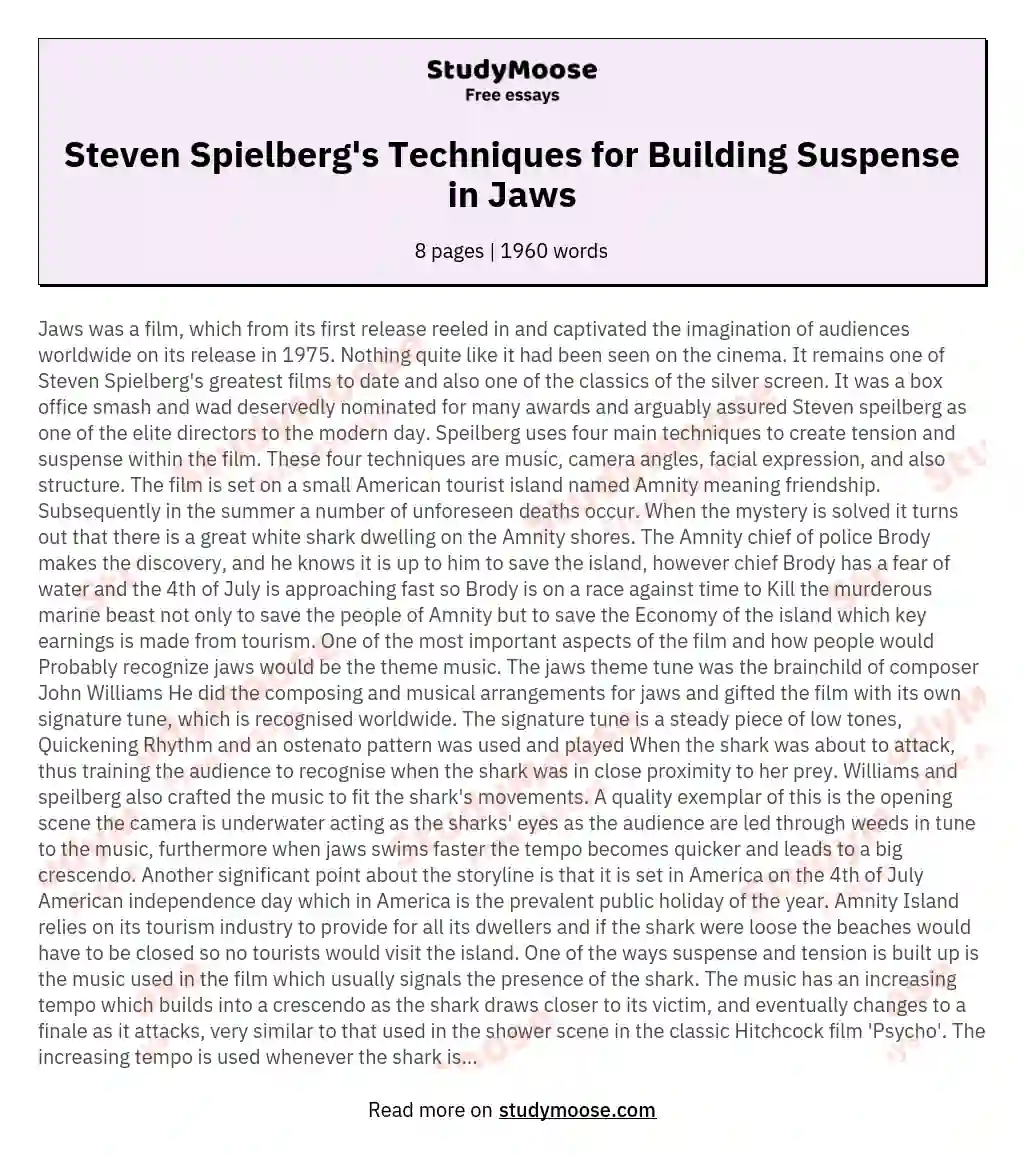 Steven Spielberg's Techniques for Building Suspense in Jaws essay