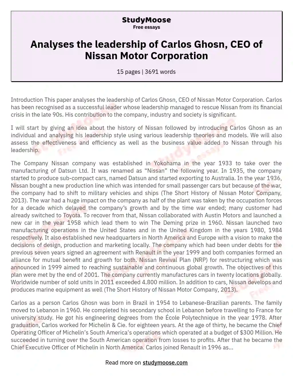 Analyses the leadership of Carlos Ghosn, CEO of Nissan Motor Corporation