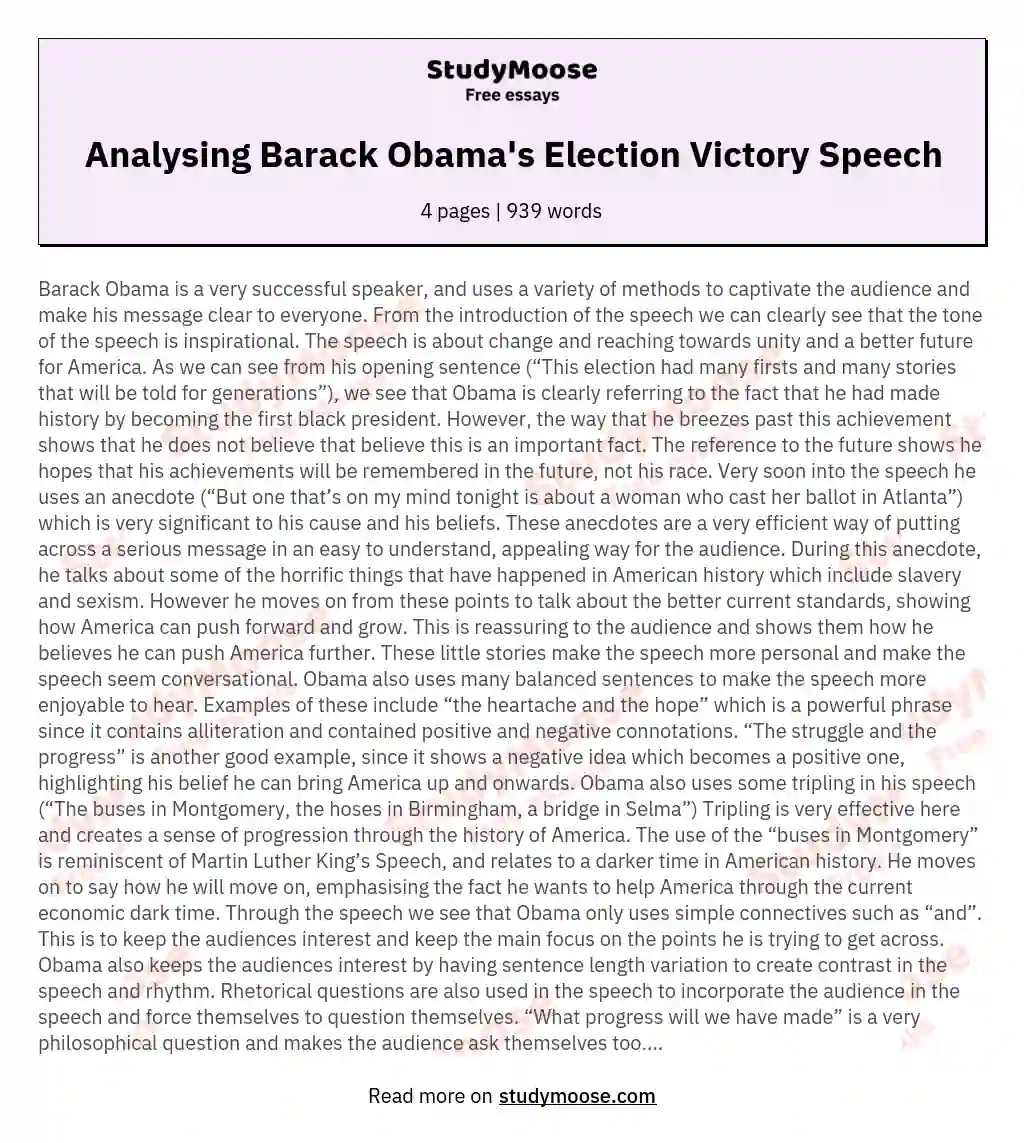 Analysing Barack Obama's Election Victory Speech essay