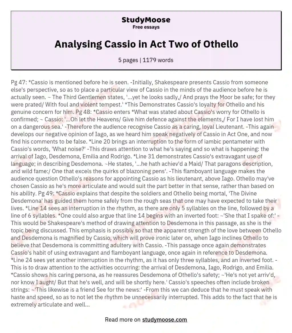 Analysing Cassio in Act Two of Othello essay