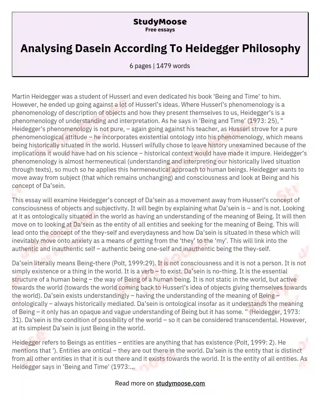 Analysing Dasein According To Heidegger Philosophy