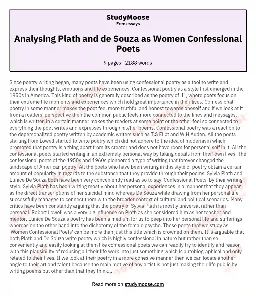 Analysing Plath and de Souza as Women Confessional Poets essay