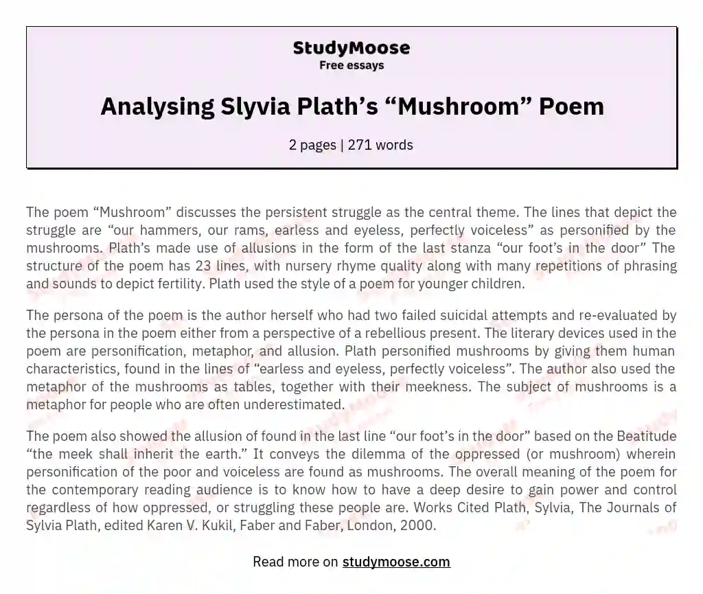 Analysing Slyvia Plath’s “Mushroom” Poem essay